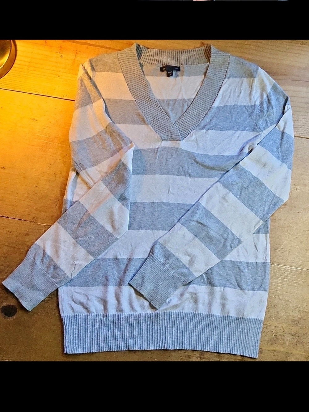 Light Gray & White Striped V-Neck Men's Sweater
